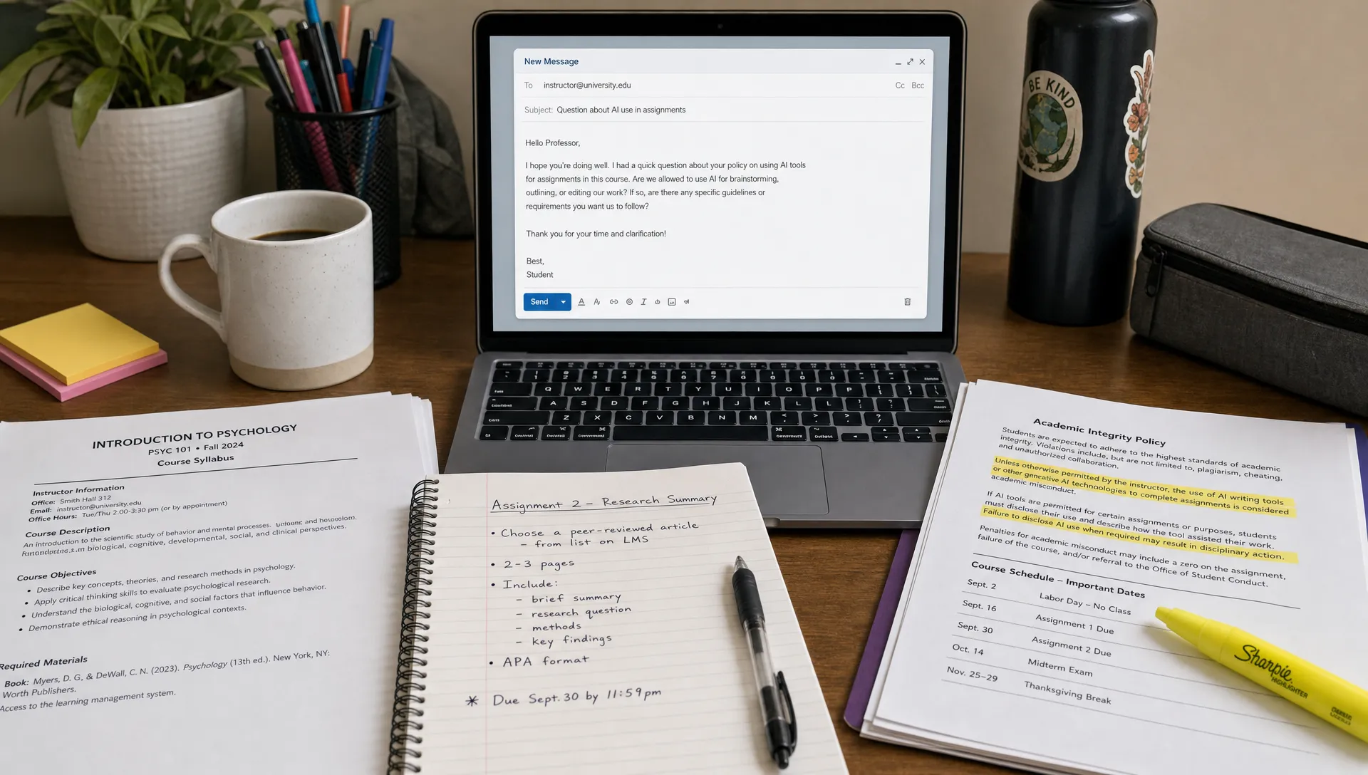 A student desk with a printed syllabus, assignment notes, highlighted policy pages, and a laptop open to a blank email draft asking about AI use.