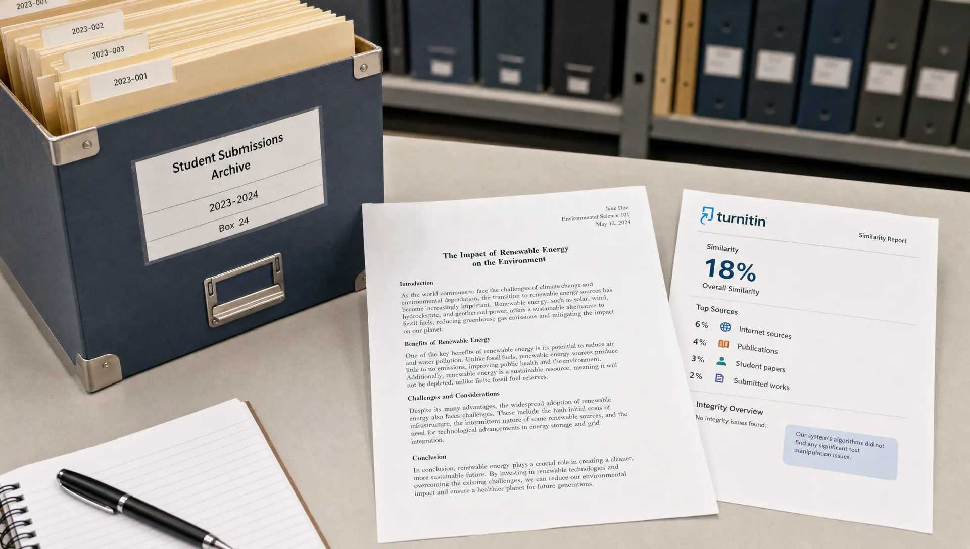 A student paper sits beside archive folders and a similarity report sheet, showing how the Turnitin repository stores submissions for future text matching.