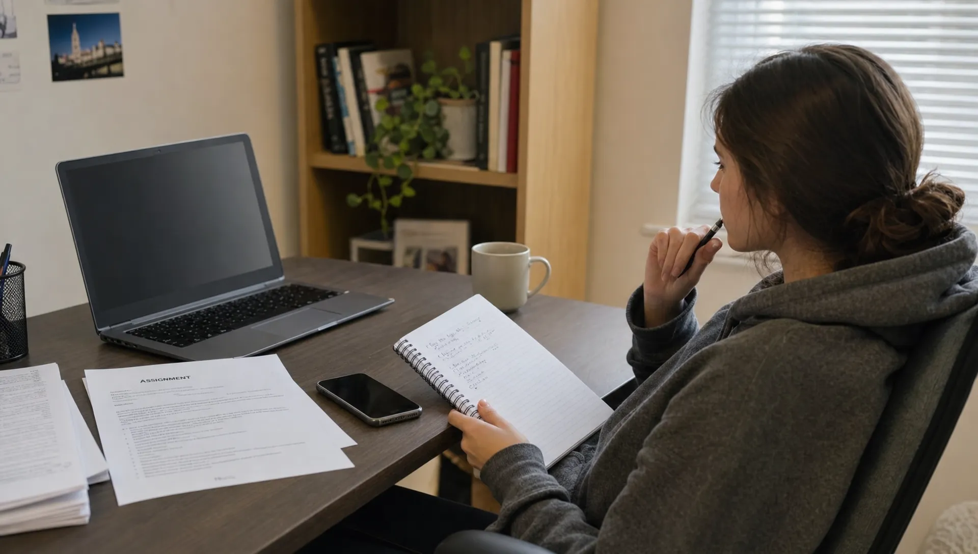 A student reviews draft notes at a home study corner while preparing a paper for submission.