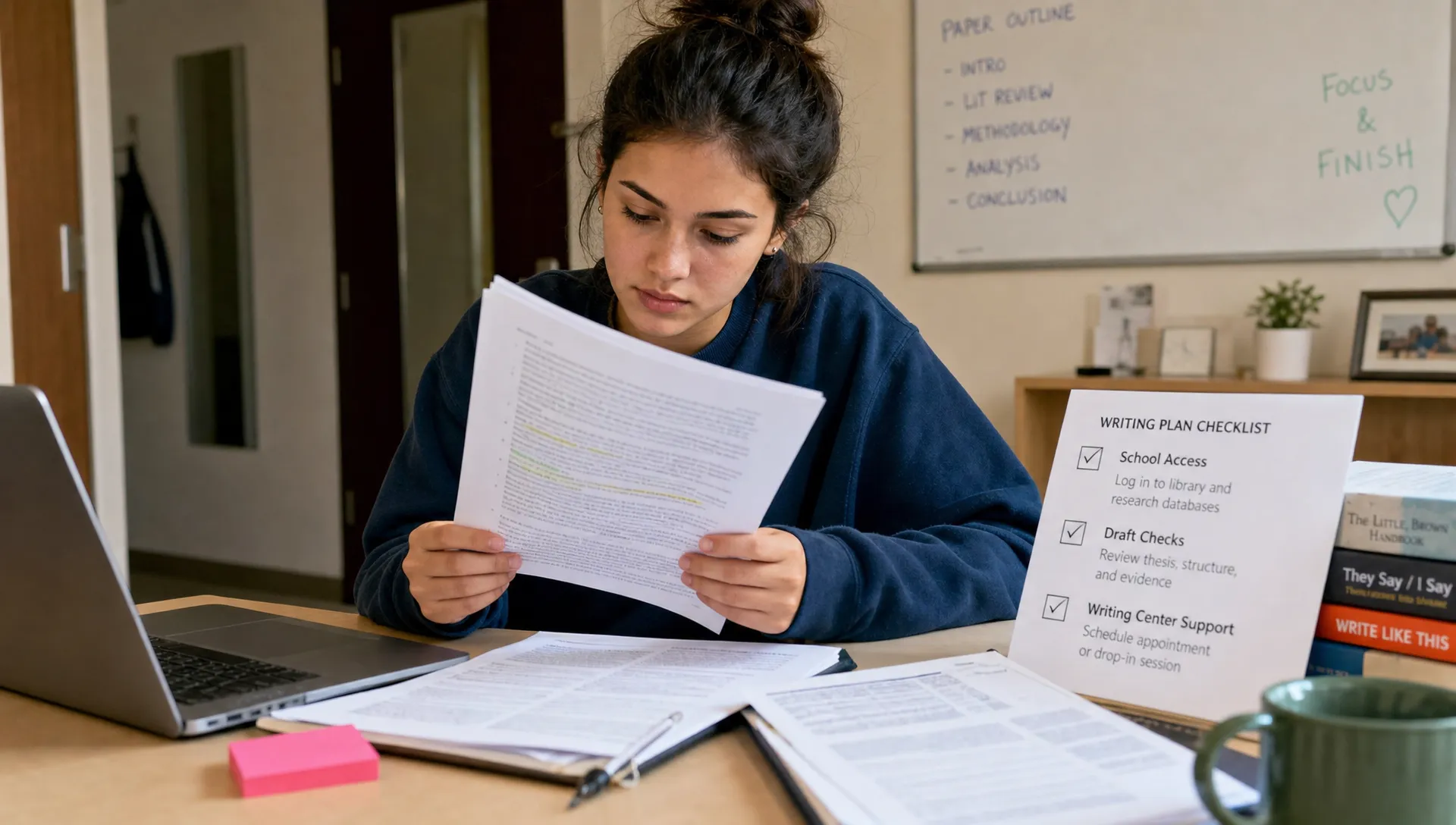 A student reviews printed notes, citation sources, and a checklist of school access, draft checks, and writing center support.