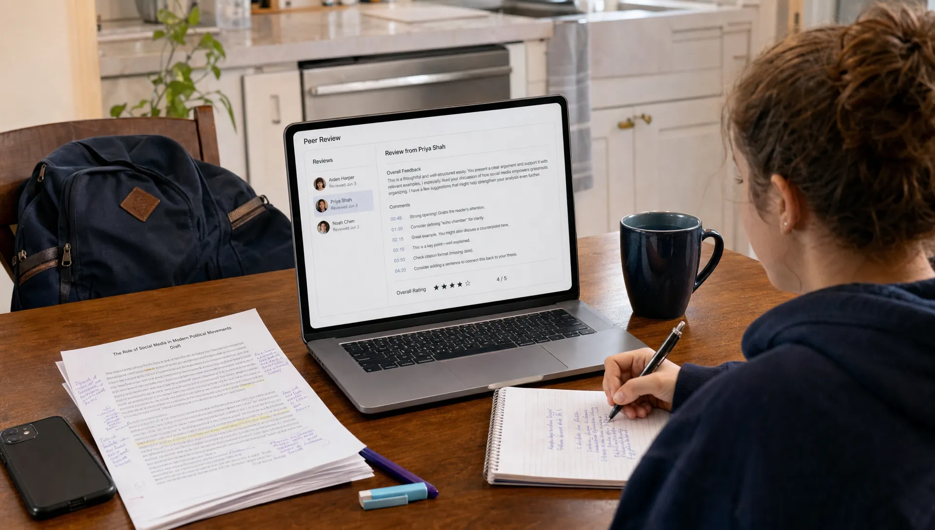 A student reviews Turnitin PeerMark comments at a kitchen table beside a draft and notebook.