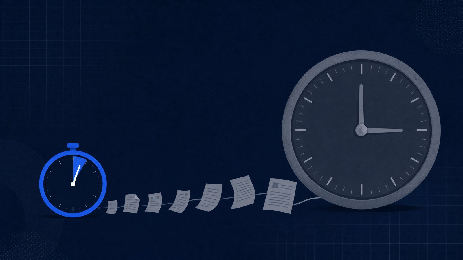 A small urgent stopwatch beside a large stalled clock, linked by a trail of documents, illustrating student deadlines versus institutional ones
