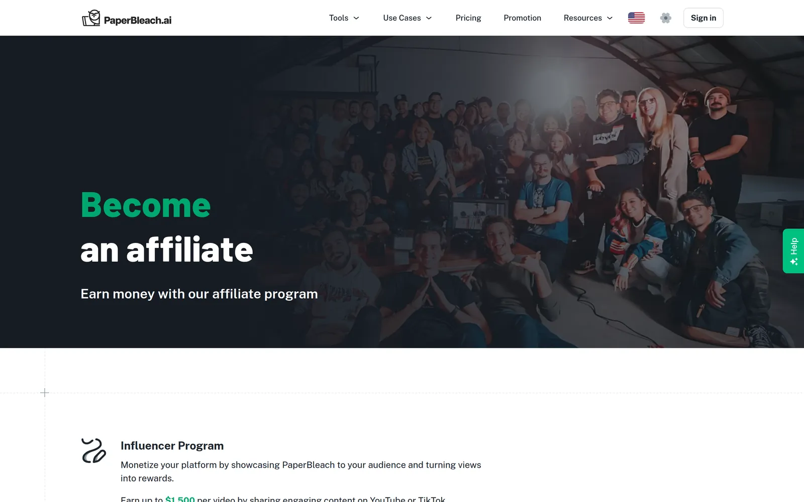 PaperBleach affiliate page showing the influencer program