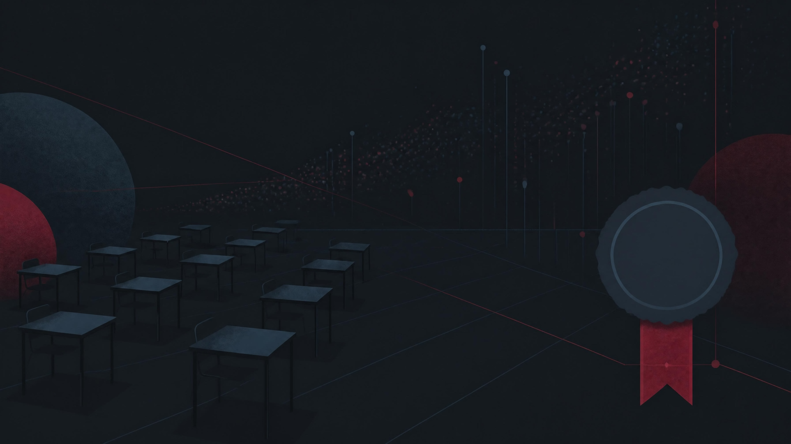 Empty examination hall desks dissolving into data points beside a credential seal, illustrating AI authorship screening in professional licensure exams