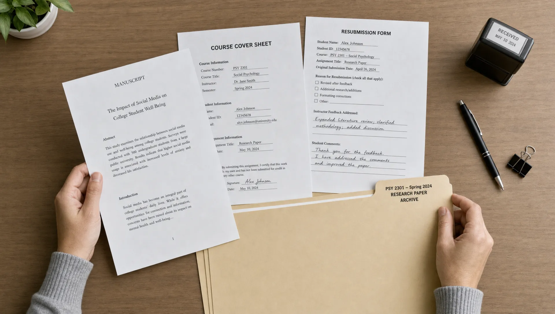 Hands sort a paper submission packet with a manuscript page, cover sheet, and archive folder for Turnitin storage.