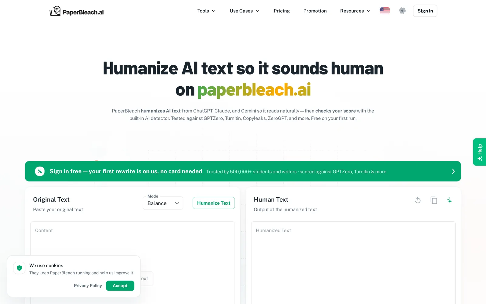 PaperBleach homepage showing the humanizer input and output panes