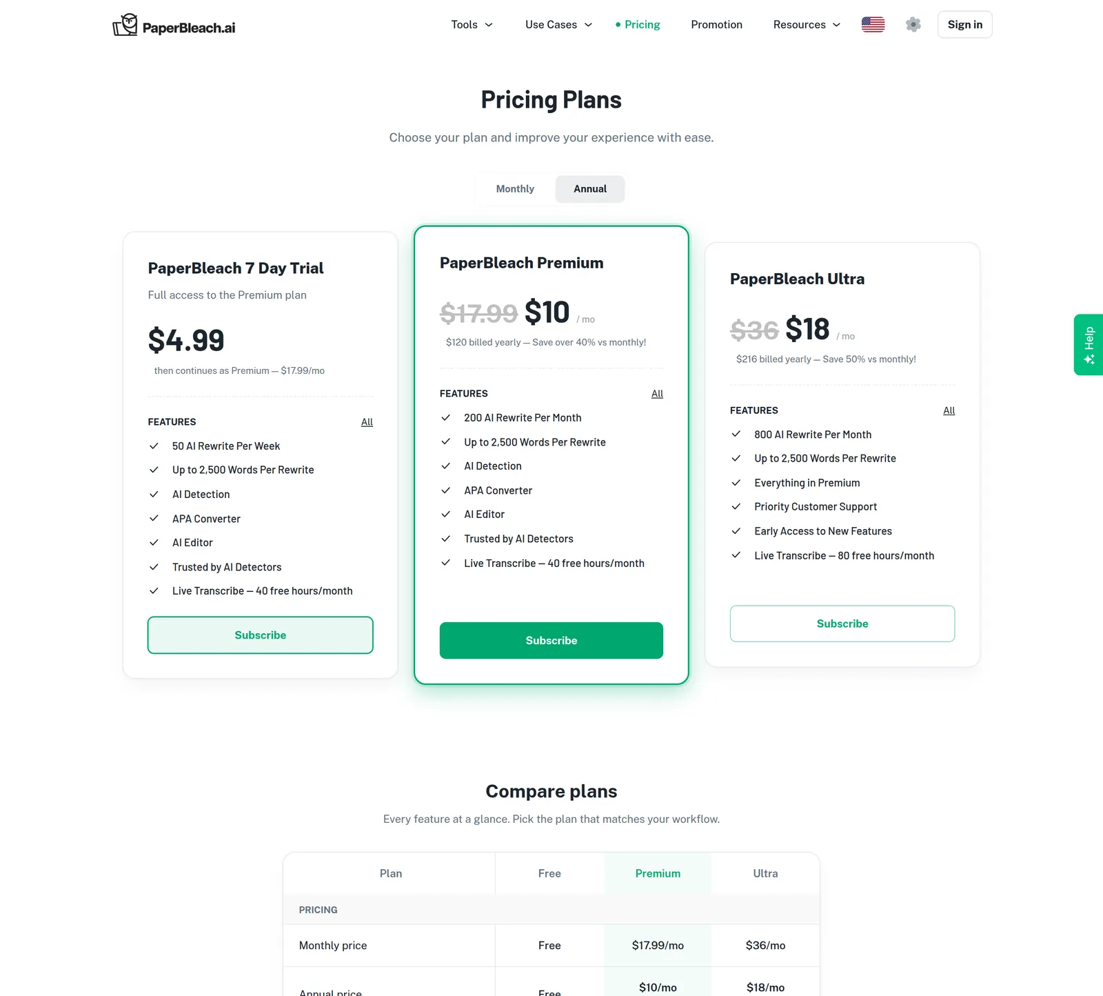 PaperBleach pricing page showing trial, Premium and Ultra plans