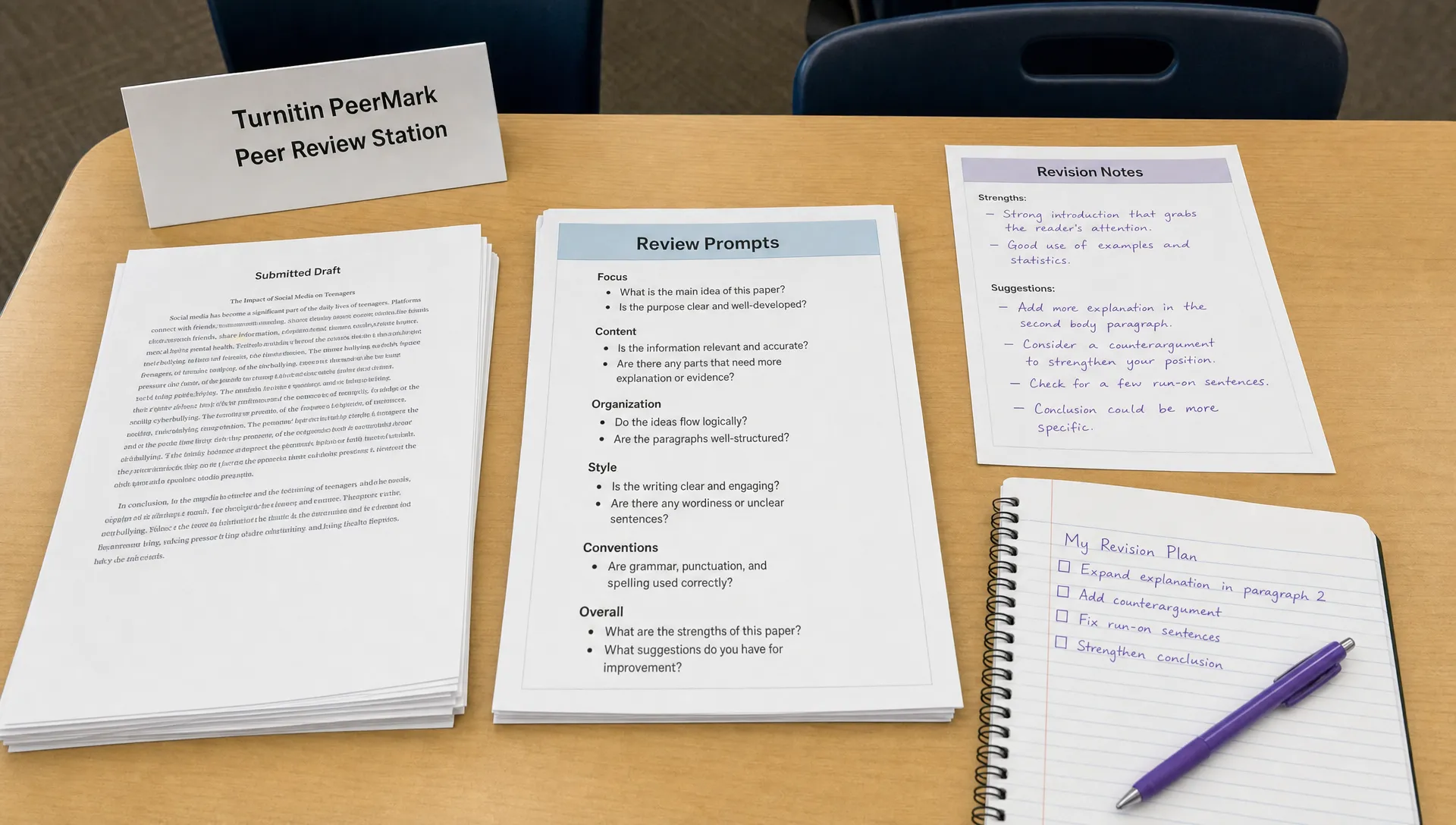 Submitted drafts, review prompts, and revision notes are arranged on a classroom table for a Turnitin PeerMark activity.