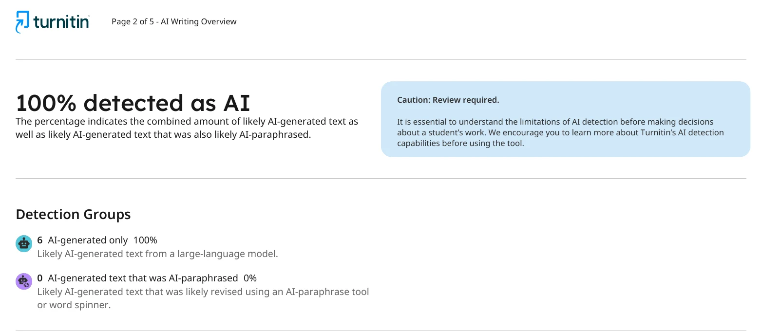 Turnitin AI writing report: 100% detected as AI
