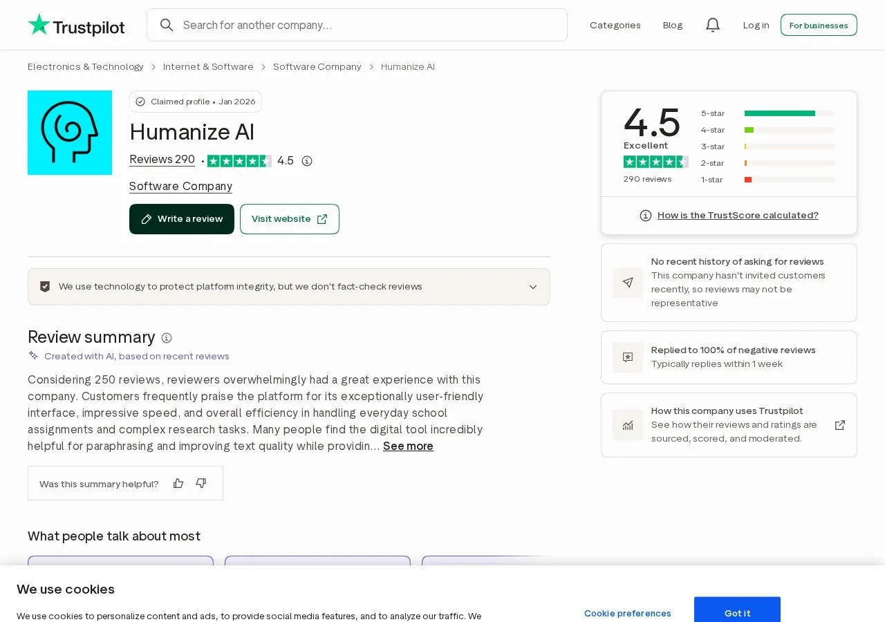 Trustpilot profile for Humanize AI, www.humanizeai.pro, showing 4.5 stars from 290 reviews, claimed January 2026, replied to 100 percent of negative reviews