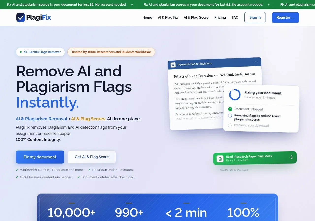 PlagiFix homepage screenshot showing the Turnitin flags remover headline and lossless claim
