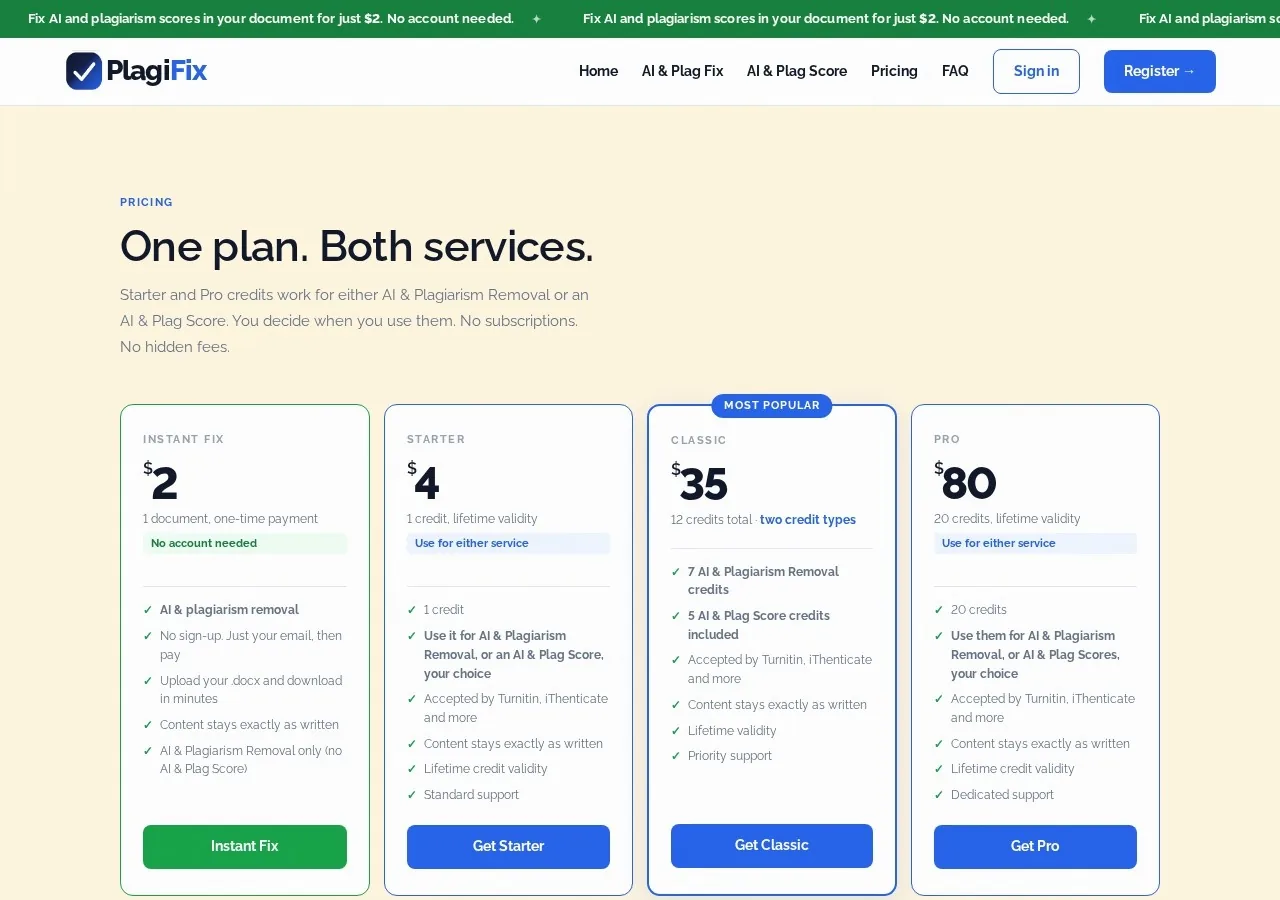 PlagiFix pricing page screenshot with Instant Fix, Starter, Classic and Pro plans