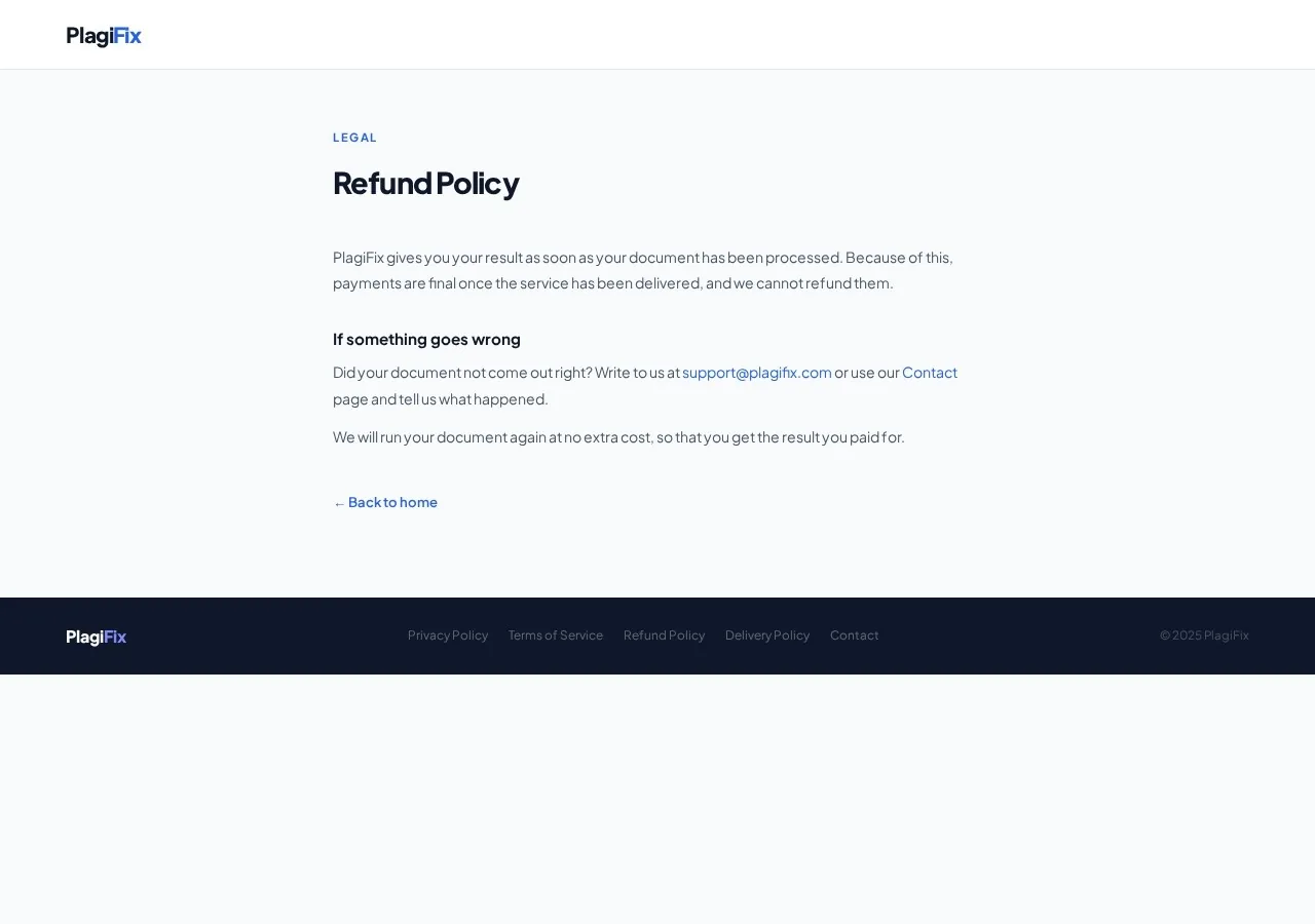 PlagiFix refund policy screenshot stating payments are final and cannot be refunded