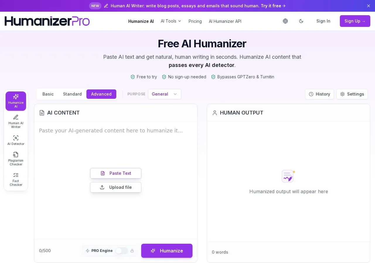 HumanizerPRO homepage editor with Basic, Standard and Advanced modes and a 500 word counter