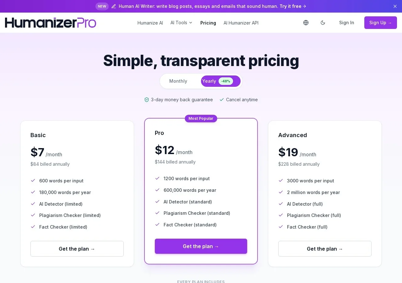 HumanizerPRO pricing page showing Basic, Pro and Advanced yearly plans