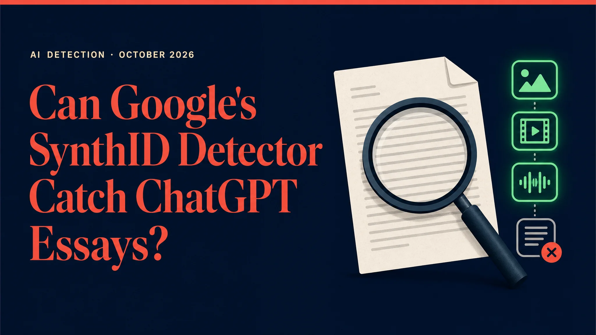 Can Google's SynthID Detector catch ChatGPT essays? Hero graphic showing image, video and audio accepted and text rejected