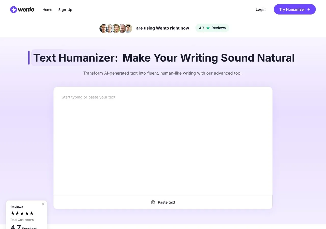 Wento AI humanizer homepage with a text box, Try Humanizer button and a 4.7 star reviews badge