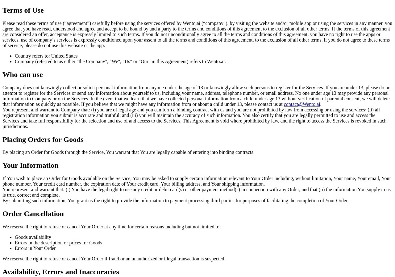 Wento terms of use page with sections titled Placing Orders for Goods and Your Information mentioning shipping information