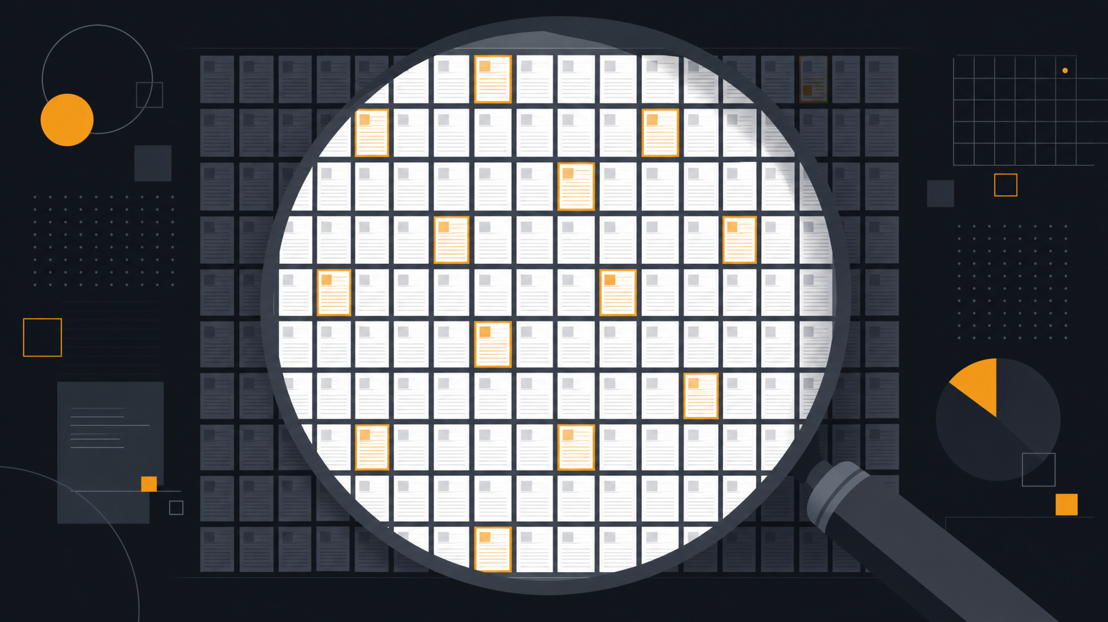 Magnifying glass over a grid of encyclopedia pages with a small minority outlined in amber, illustrating Wikipedia AI content review